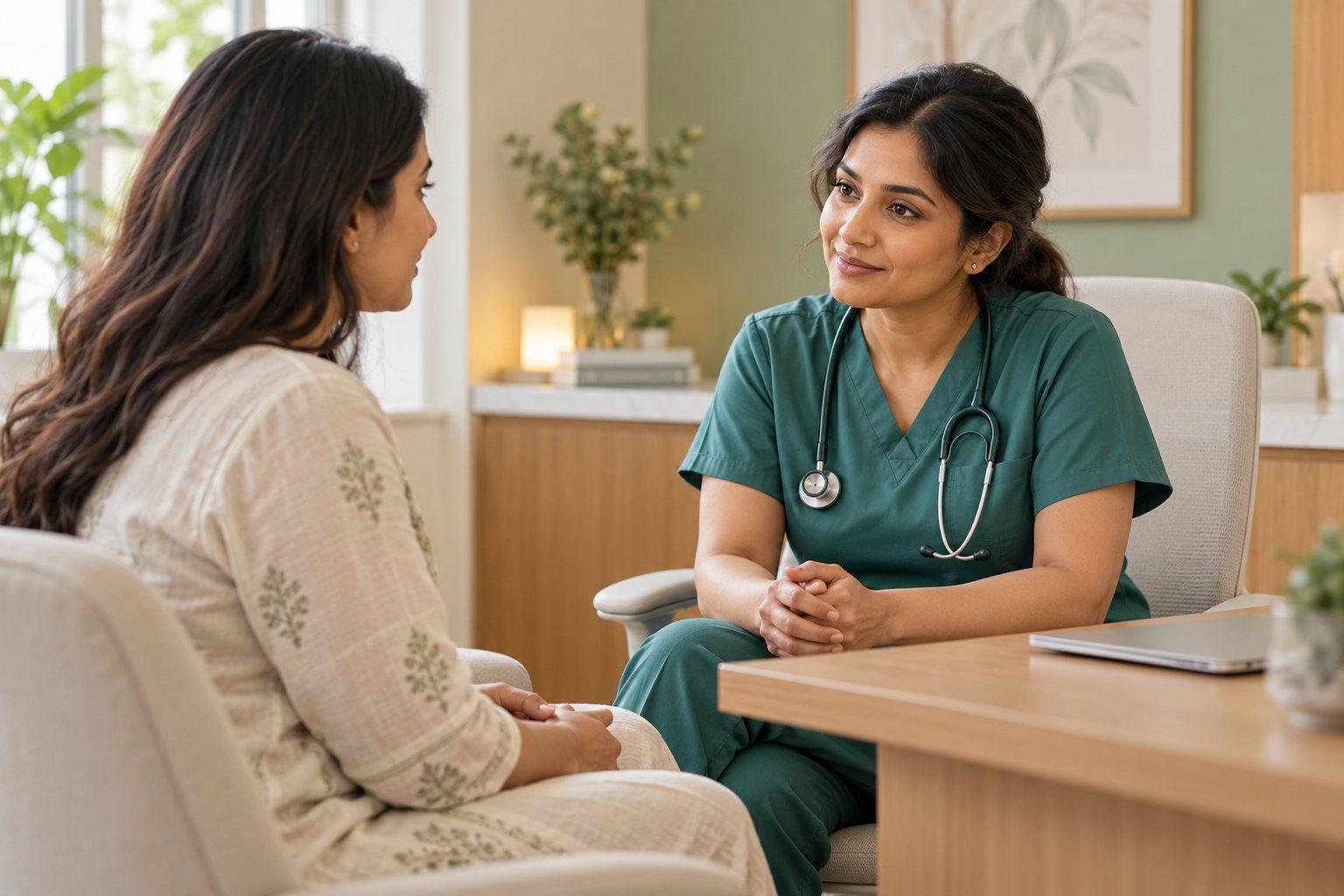 Woman and clinician talking together in a bright, welcoming office