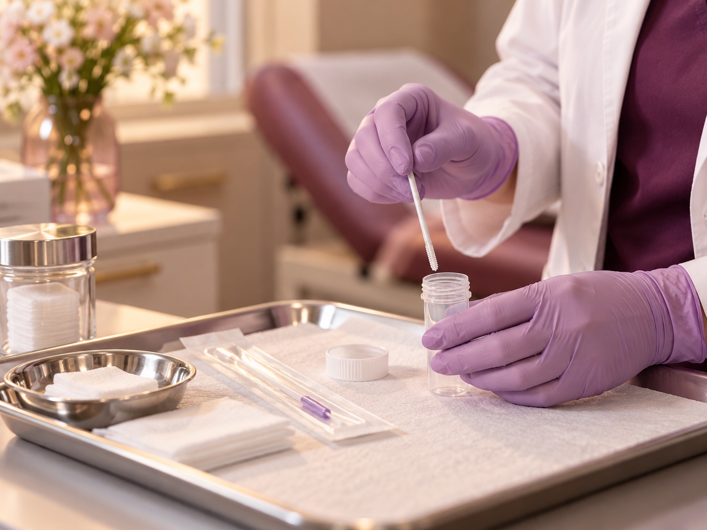 Clinician in gloves preparing a sterile sample kit for an in-office procedure
