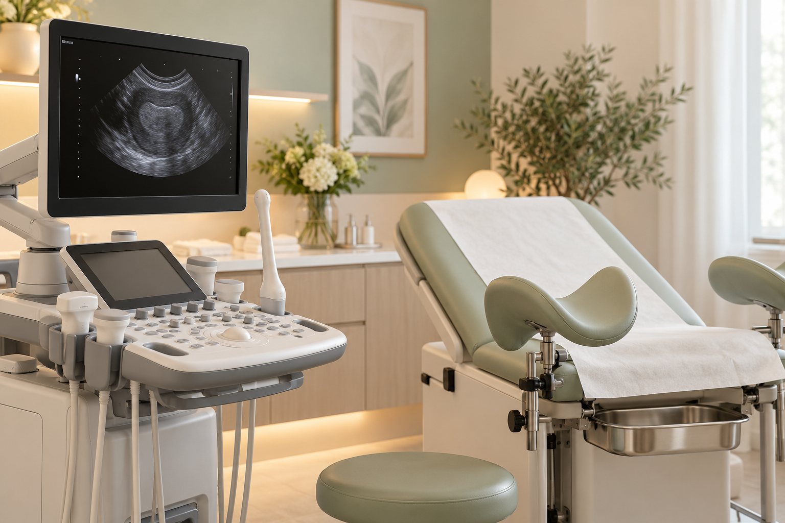 Hysteroscopy instruments prepared beside a clinical monitor