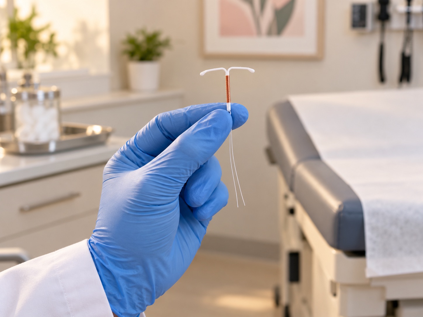 Gloved hand holding an IUD in an exam room