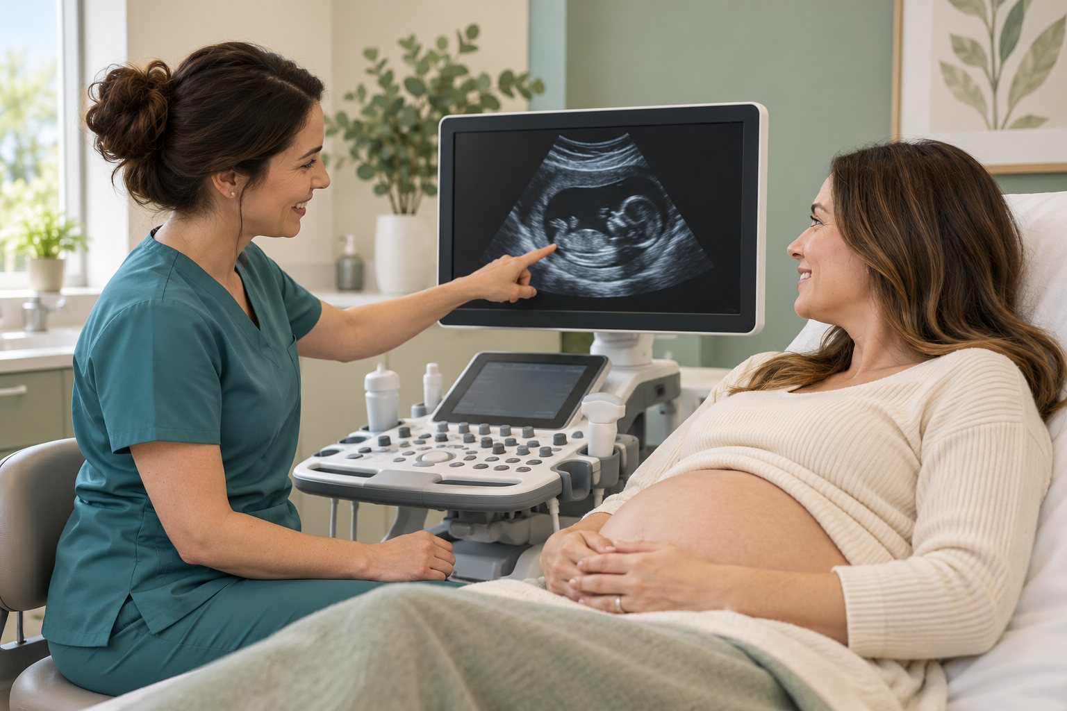Female clinician consulting with an expectant patient beside an ultrasound machine